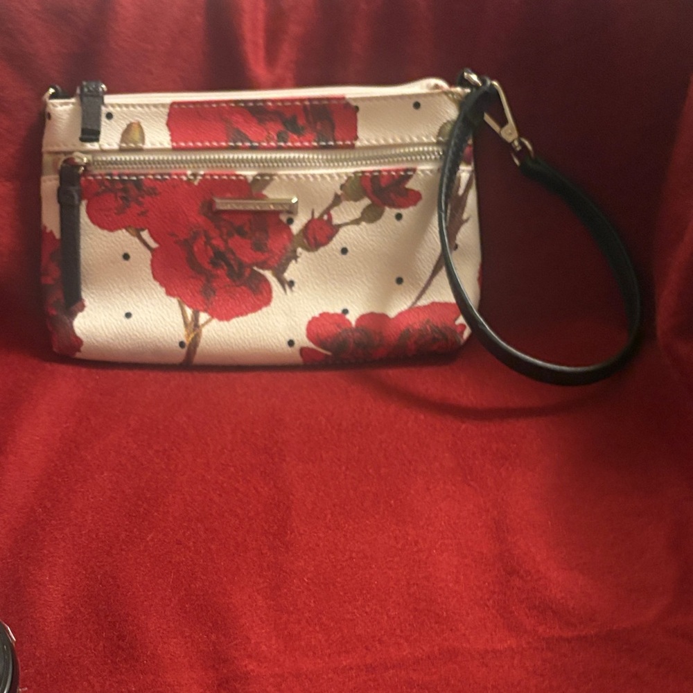 Dana Buchman Cream and Red Floral Wristlet